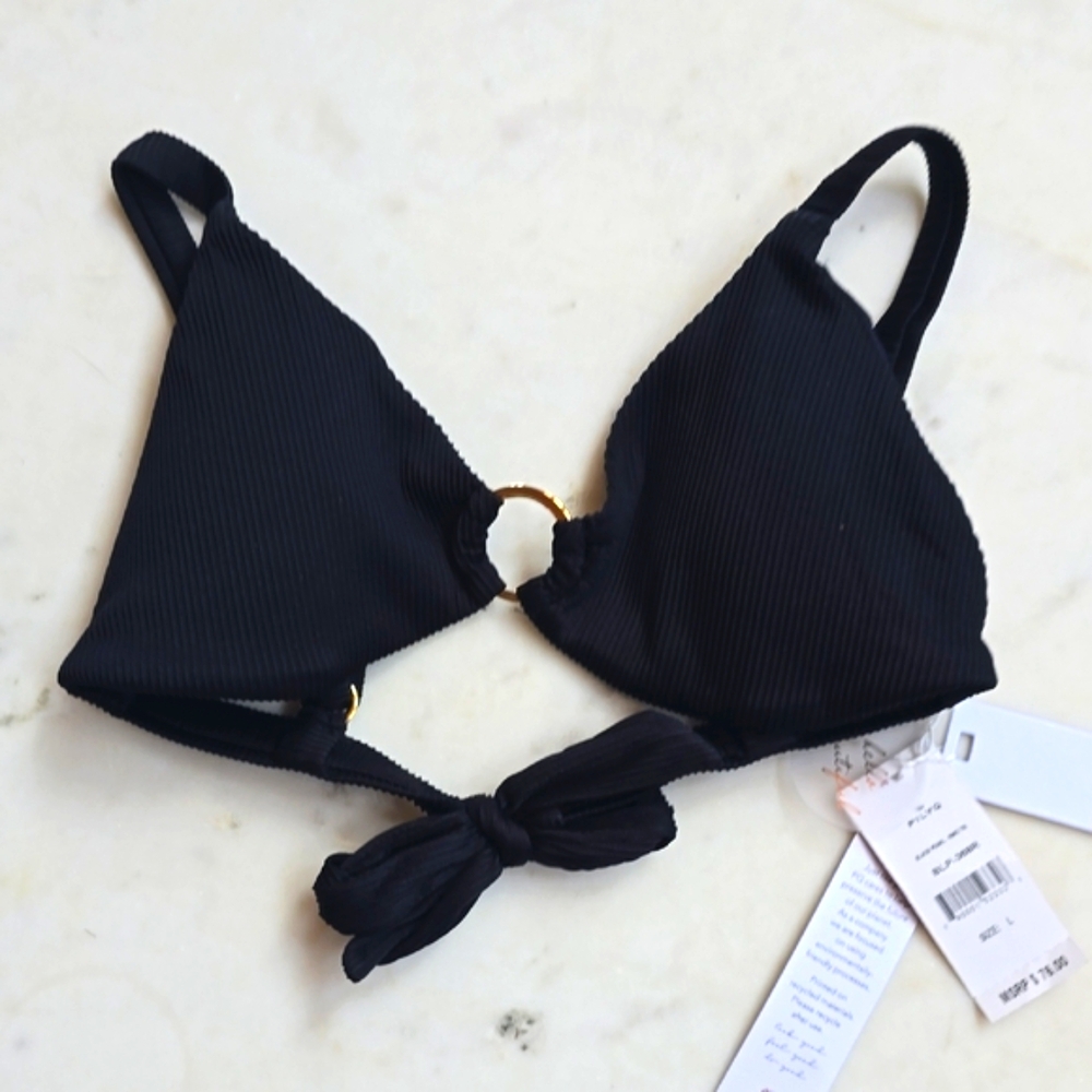 NWT PilYQ Black ribbed Bikini Top with Gold Ring Detail Size Large